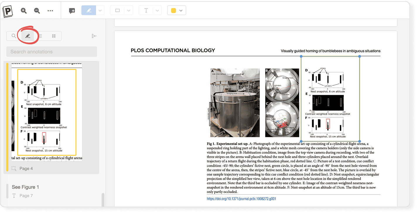 The PDF viewer with the circled pencil button opening the annotations sidebar on the left, listing a highlighted figure on page 4 and a “See Figure 1” text annotation on page 7, beside the open paper.